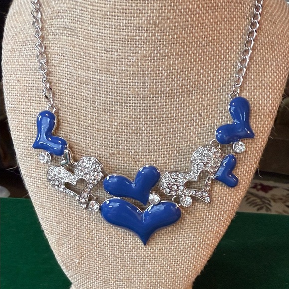Blue and Silver Heart Necklace and Earrings - Picture 2 of 5